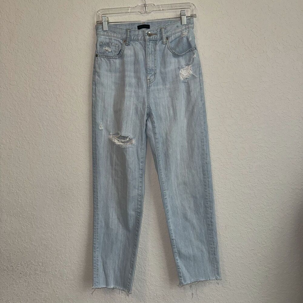Uniqlo Jeans Women's 24 Blue Cotton Distressed Tapered Leg Relaxed Fit Raw Hem
